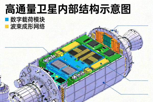 高通量卫星内部结构示意图，展示先进的数字载荷和波束成形网络