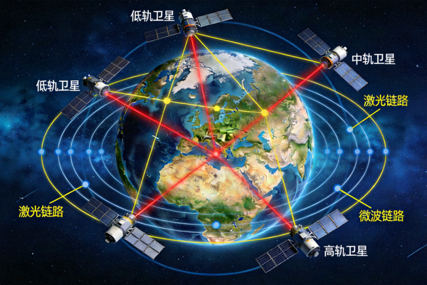 全球卫星通信网络示意图，多颗卫星环绕地球运行，通过激光和微波链路相互连接，覆盖全球各个角落